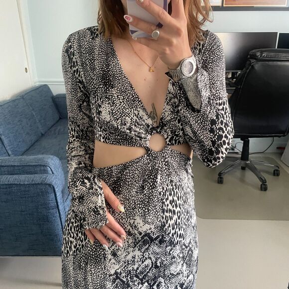 AFRM Lola Leopard Print Cutout Long Sleeve Midi Dress Gray Black Size X-Small - Picture 6 of 9